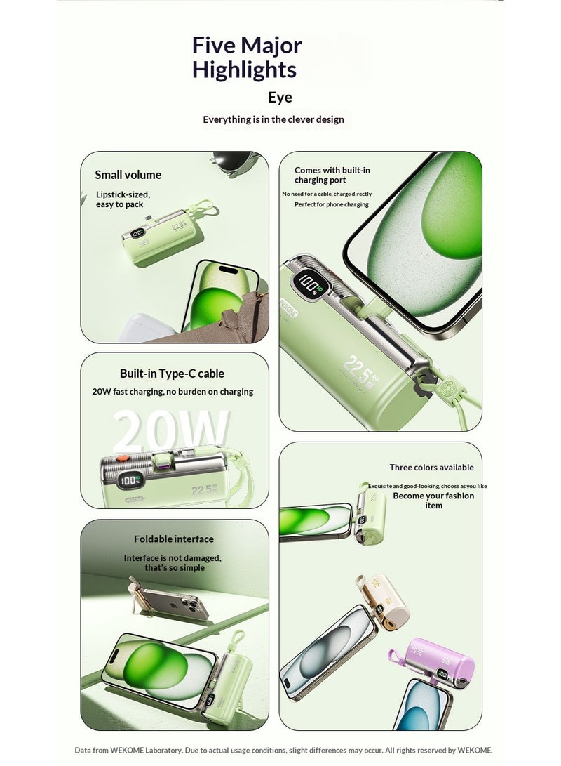 WEKOME Mini 22.5W Capsule Emergency Power Bank | 5000mAh Mini Fast Charge, Digital Display, Multi-Port Output, Portable Lanyard Design (Green) - Image 4